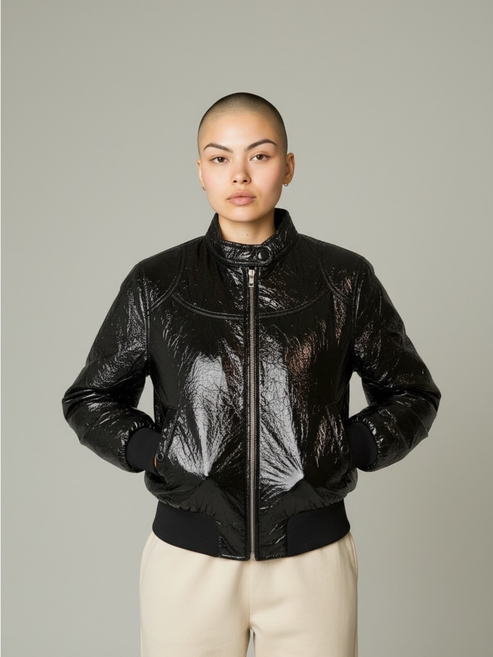 Chadwicks Shiny Black Women's Bomber Jacket Maximalism Layer Fall M